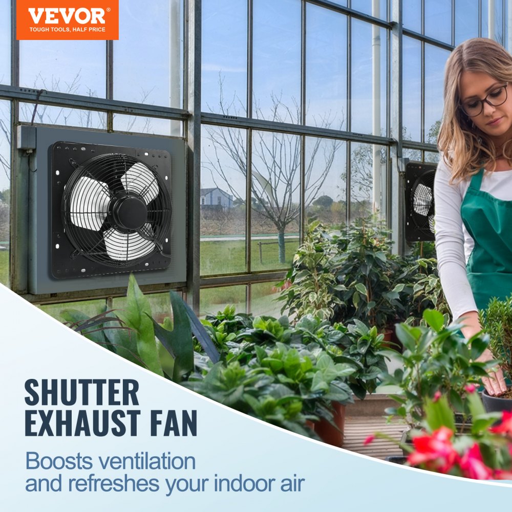 Bostome 12-inch shutter exhaust fan installed on a window with plants nearby.