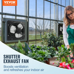 Bostome 12-inch shutter exhaust fan installed on a window with plants nearby.