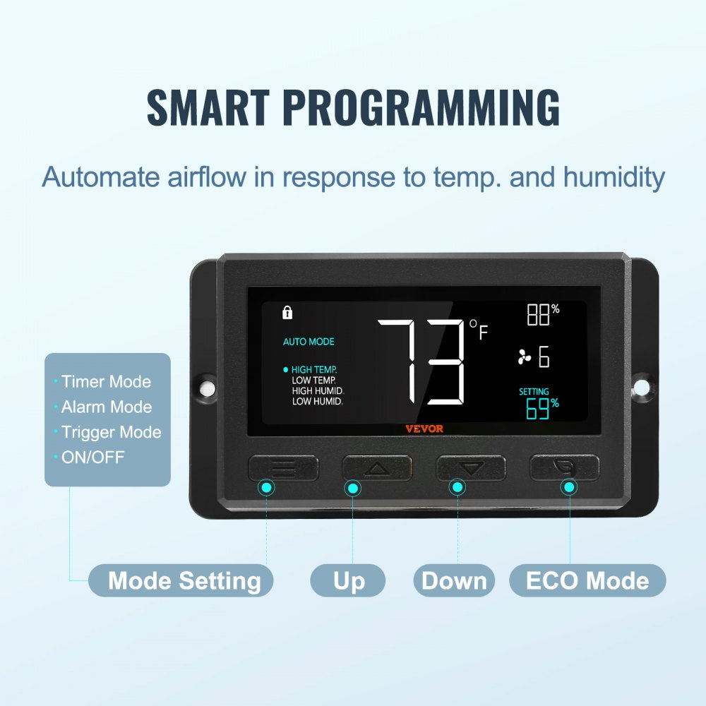 Digital display panel for exhaust fan showing 73°F temperature, 59% humidity, timer, alarm, and control buttons.
