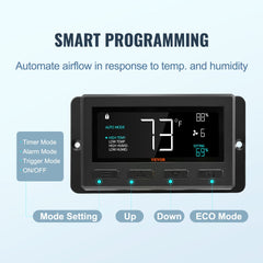 Digital display panel for exhaust fan showing 73°F temperature, 59% humidity, timer, alarm, and control buttons.