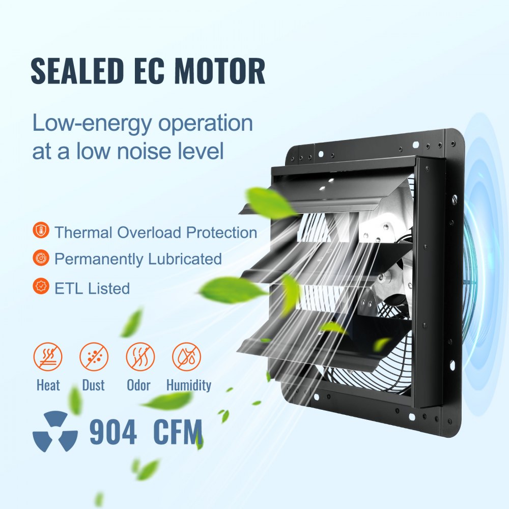 12-inch shutter exhaust fan with sealed EC motor, 940 CFM airflow, and thermal protection.