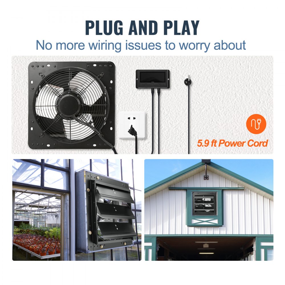 12-inch shutter exhaust fan with EC motor, 940 CFM airflow, plug-and-play power cord, shown installed in greenhouse and barn.