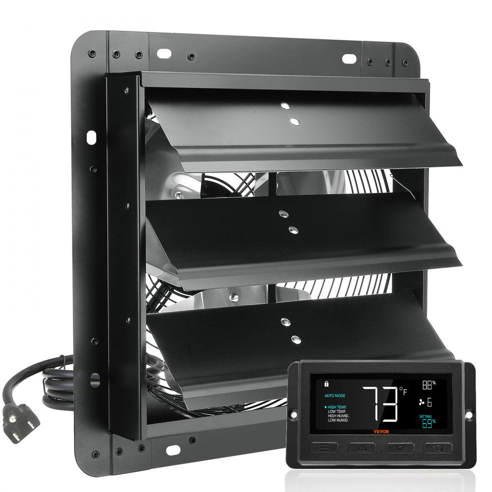 Black 12-inch shutter exhaust fan with EC motor and digital controller display showing 73°F.