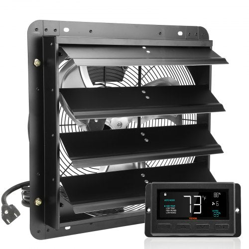 16-inch shutter exhaust fan with EC motor and temperature/humidity control features.