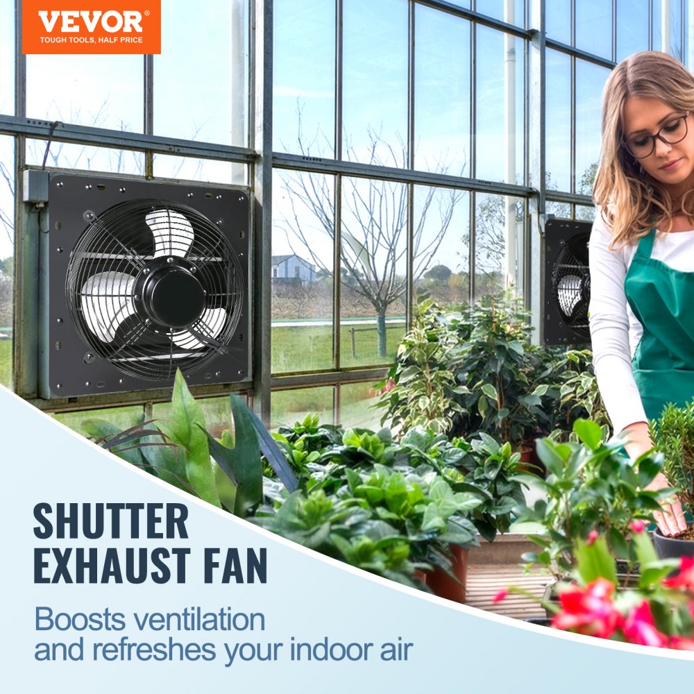 Bostome 16" shutter exhaust fan with EC motor and temperature/humidity control features.