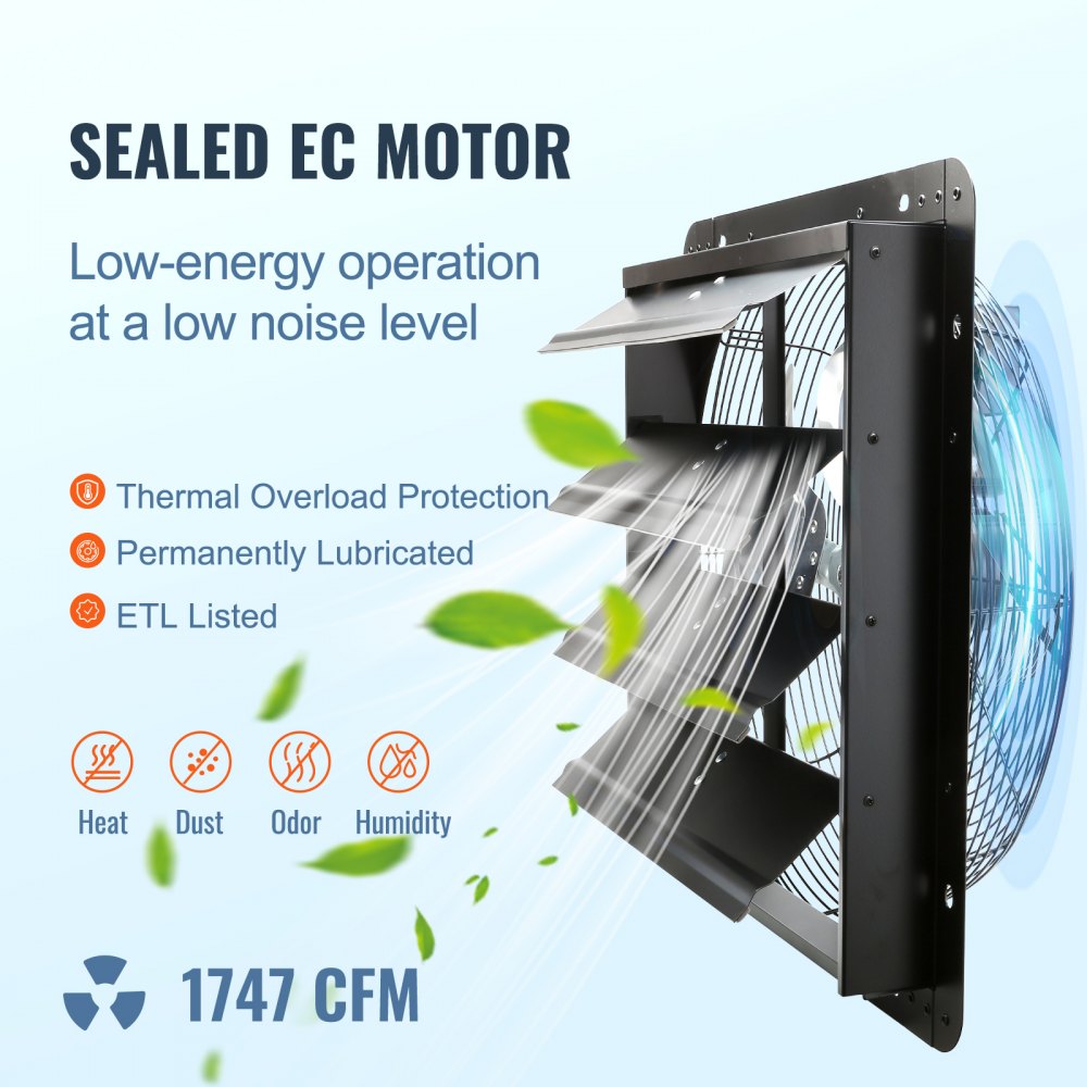 16-inch shutter exhaust fan with EC motor and temperature/humidity control features.