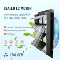 16-inch shutter exhaust fan with EC motor and temperature/humidity control features.