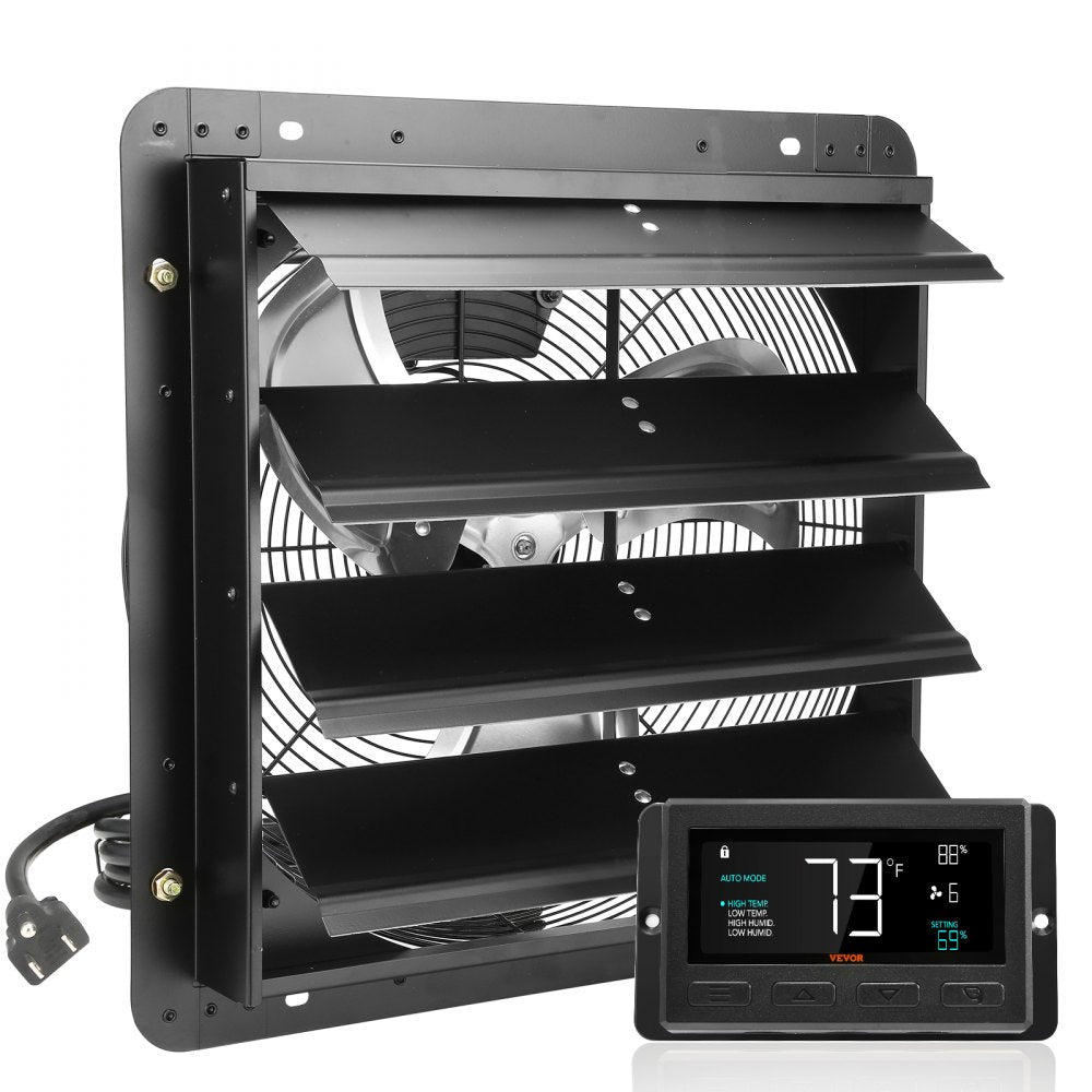 Bostome 16" shutter exhaust fan with EC motor and temperature/humidity control features.