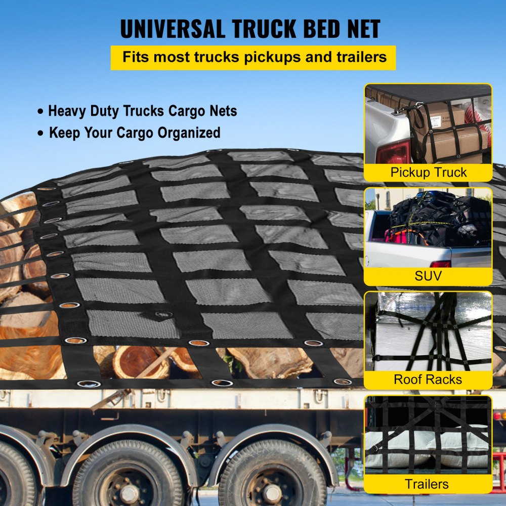Cargo Net with Mesh, 8` x 6.7` Cargo Net for Pickup Truck Bed, Heavy Duty Cargo Nets with Cam Buckles & S-Hooks & Cross Strap, Truck Bed Cargo Net for Trailer SUV Jeeps(96" x 80")
