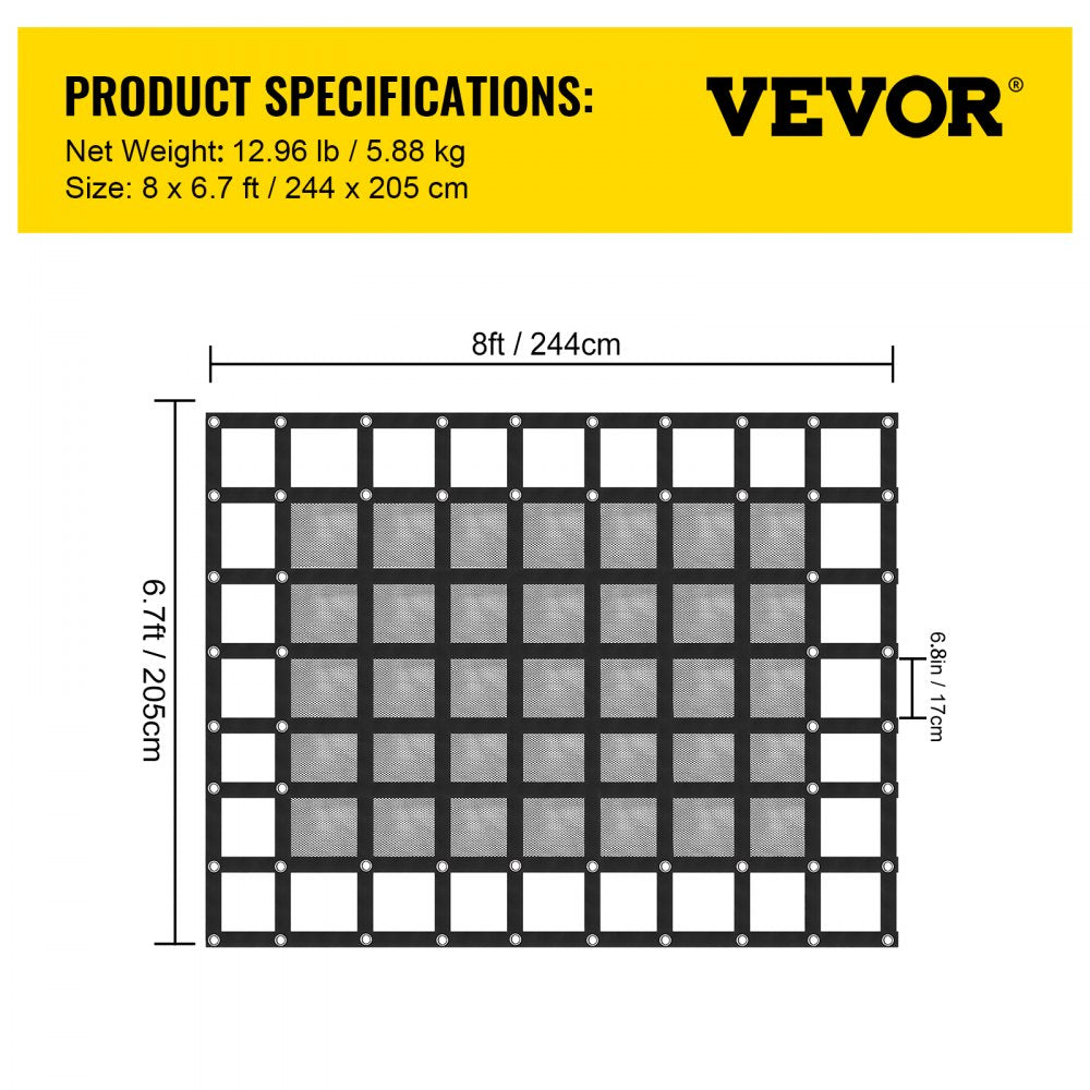 Cargo Net with Mesh, 8` x 6.7` Cargo Net for Pickup Truck Bed, Heavy Duty Cargo Nets with Cam Buckles & S-Hooks & Cross Strap, Truck Bed Cargo Net for Trailer SUV Jeeps(96" x 80")