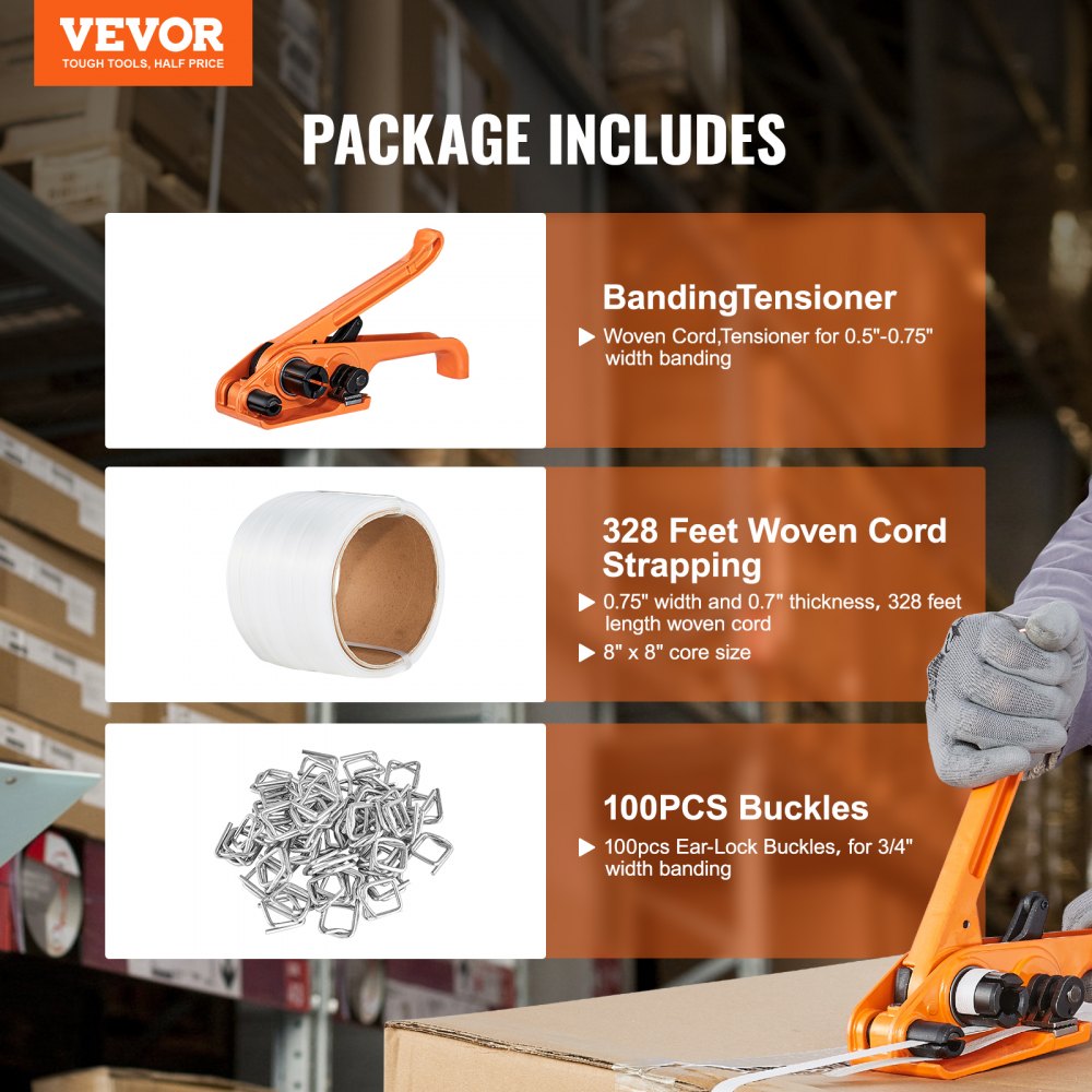 Banding Strapping Kit with Strapping Tensioner Tool, 328 ft Length Woven Strapping Cord Band, 100 Metal Seals, Pallet Packaging Strapping Banding Kit, Banding Packaging Strapping for Packing