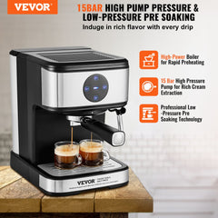 Espresso Machine, 15 Bar Coffee and Espresso Maker with Milk Frother Steam Wand, Professional Semi-Automatic Cappuccino Latte Machine with Touch Screen & Removable Water Tank, NTC Control System
