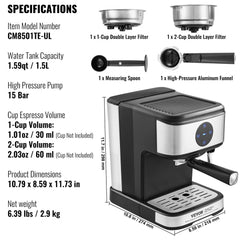 Espresso Machine, 15 Bar Coffee and Espresso Maker with Milk Frother Steam Wand, Professional Semi-Automatic Cappuccino Latte Machine with Touch Screen & Removable Water Tank, NTC Control System