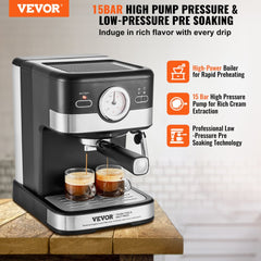 Espresso Machine, 15 Bar Semi-Automatic Espresso Maker with Milk Frother Steam Wand for Latte and Cappuccino, Professional Coffee Maker with Temp Gauge & Removable Water Tank, NTC Control System