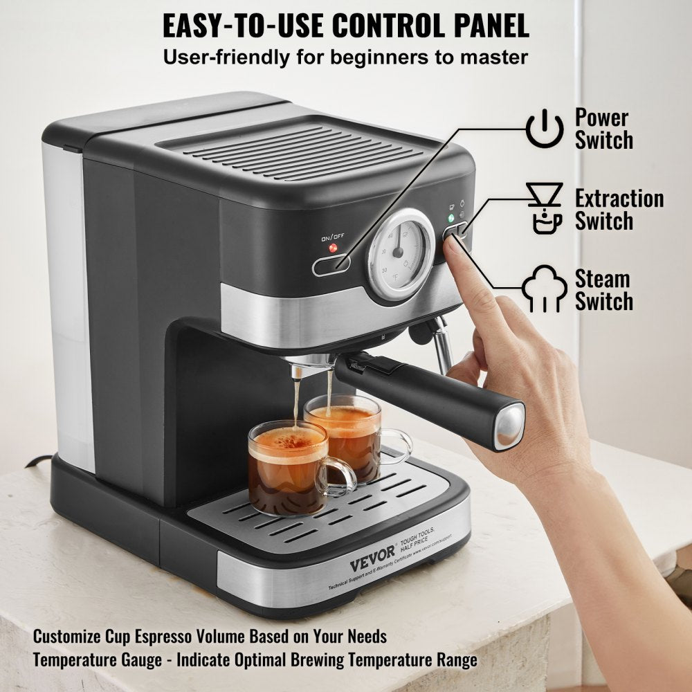 Espresso Machine, 15 Bar Semi-Automatic Espresso Maker with Milk Frother Steam Wand for Latte and Cappuccino, Professional Coffee Maker with Temp Gauge & Removable Water Tank, NTC Control System