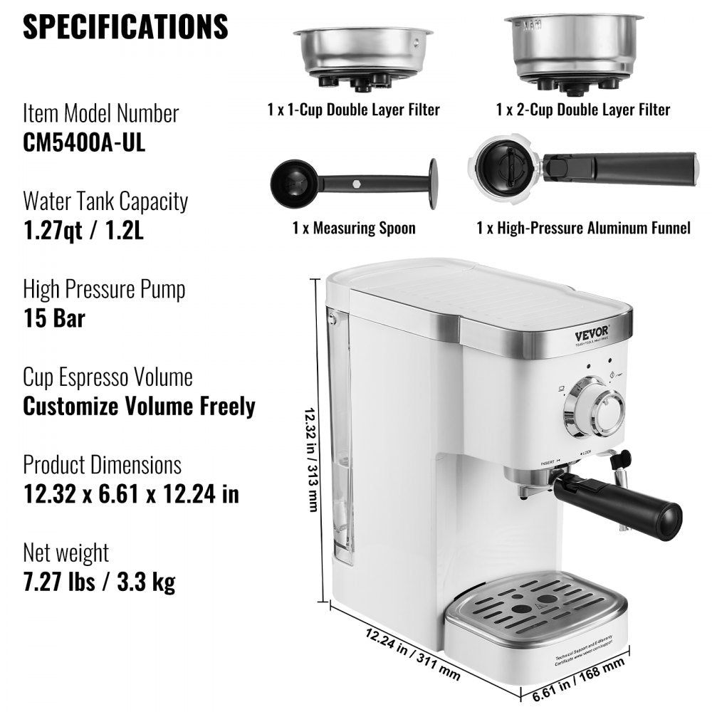 Espresso Coffee Machine, 15Bar Semi-Automatic Espresso Maker with Milk Frother Steam Wand, Professional Cappuccino Latte Machine with High-Power Boiler & Removable Water Tank, NTC Control System