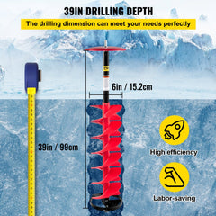 Red 6-inch nylon ice drill auger with 39-inch bit and measuring tape for depth.