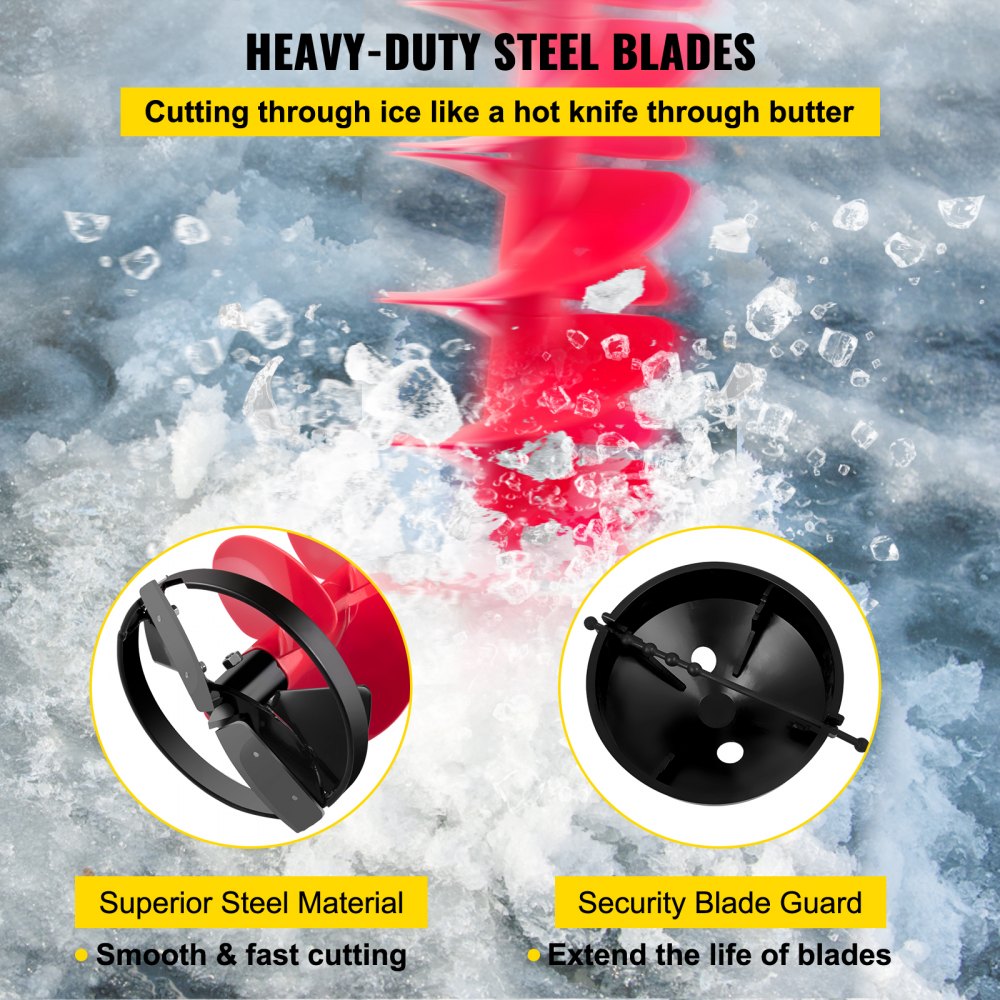 Red 6-inch nylon ice drill auger with 39-inch bit, steel blades, and black guard.