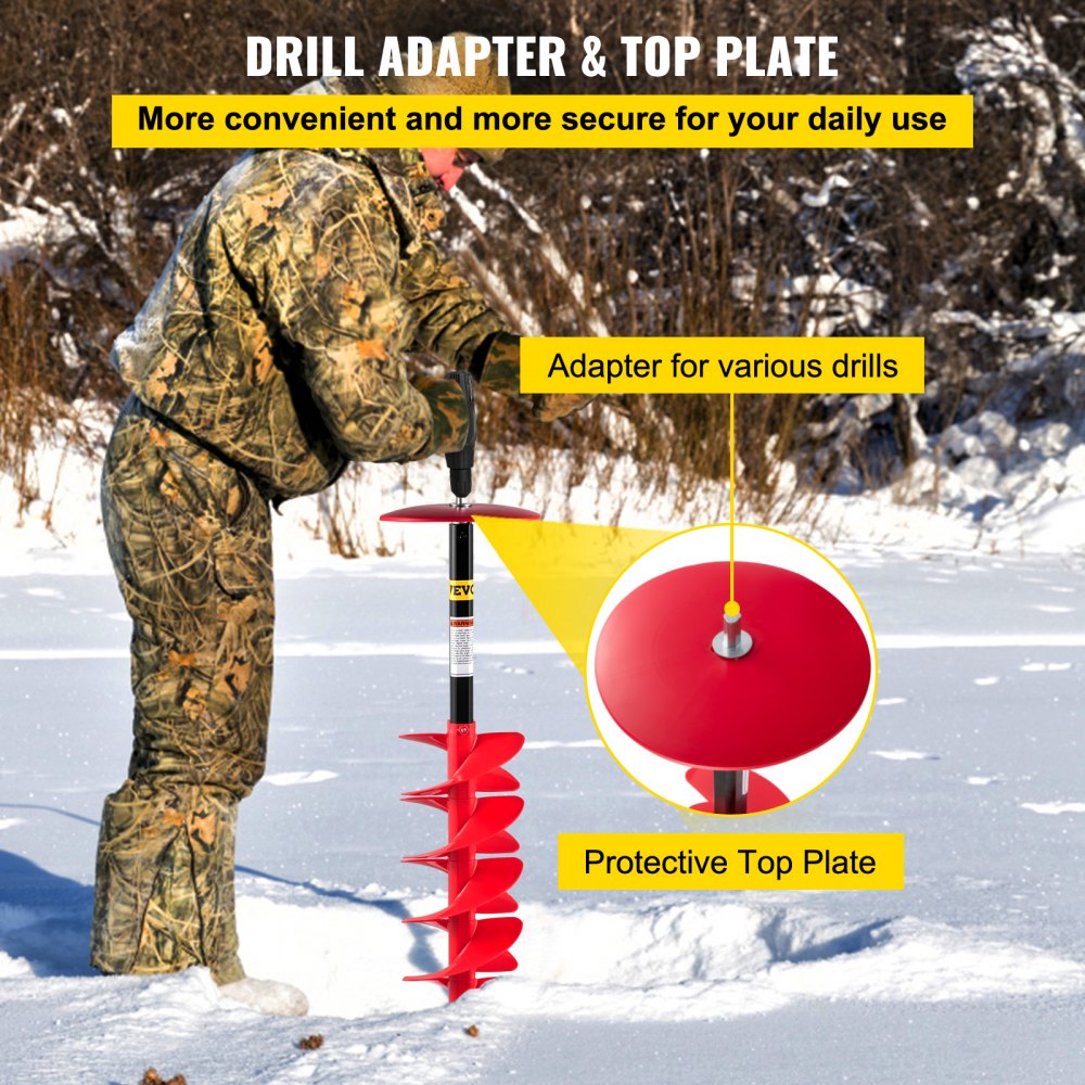 Man in camo using red 6-inch nylon ice auger with drill adapter and protective top plate on frozen lake.