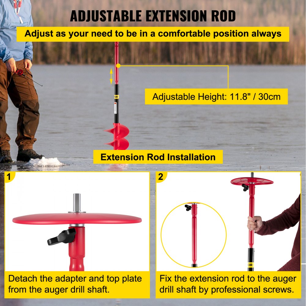 Red adjustable extension rod for ice auger, 11.8 inches tall, shown installed on drill shaft.