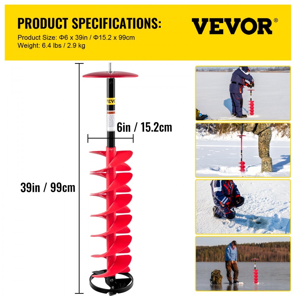 Red 6-inch nylon ice drill auger with 39-inch bit, shown in diagrams and use on frozen lake.