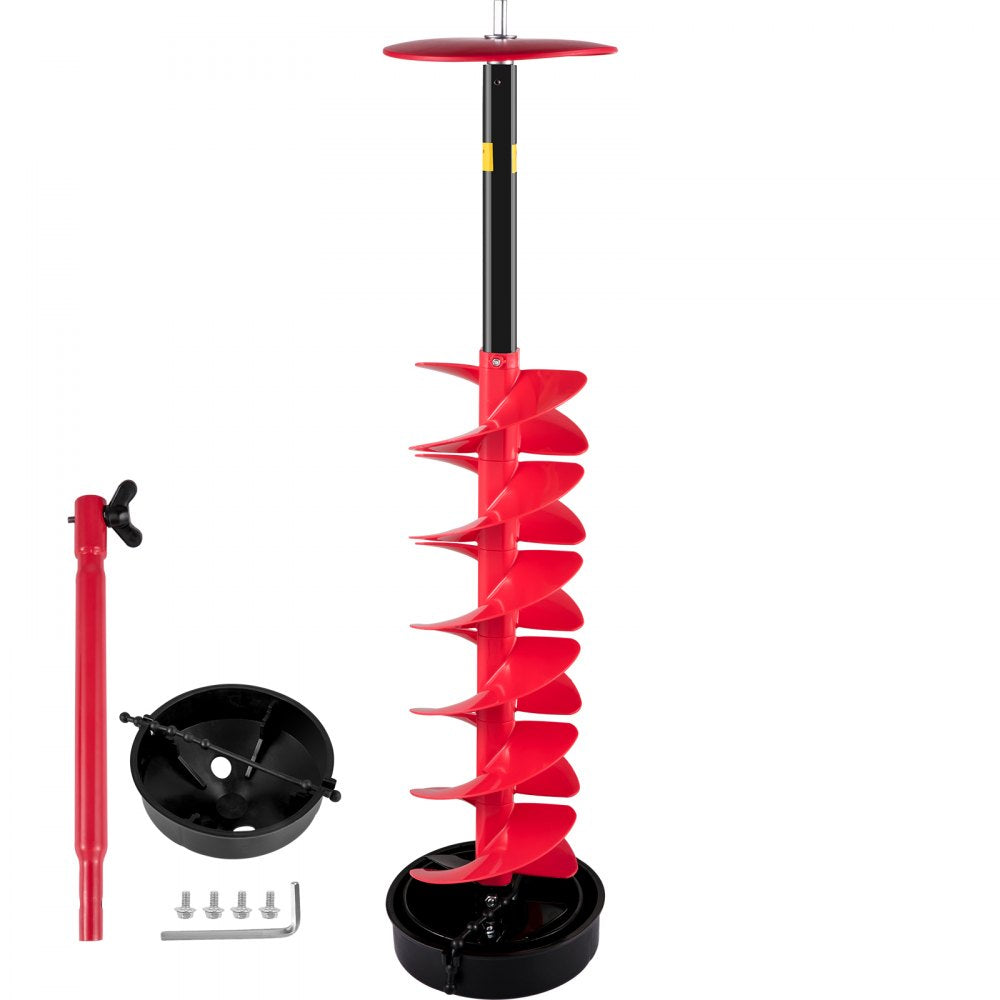 Red 6-inch nylon ice drill auger with 39-inch bit, aluminum shaft, and cordless drill adapter.