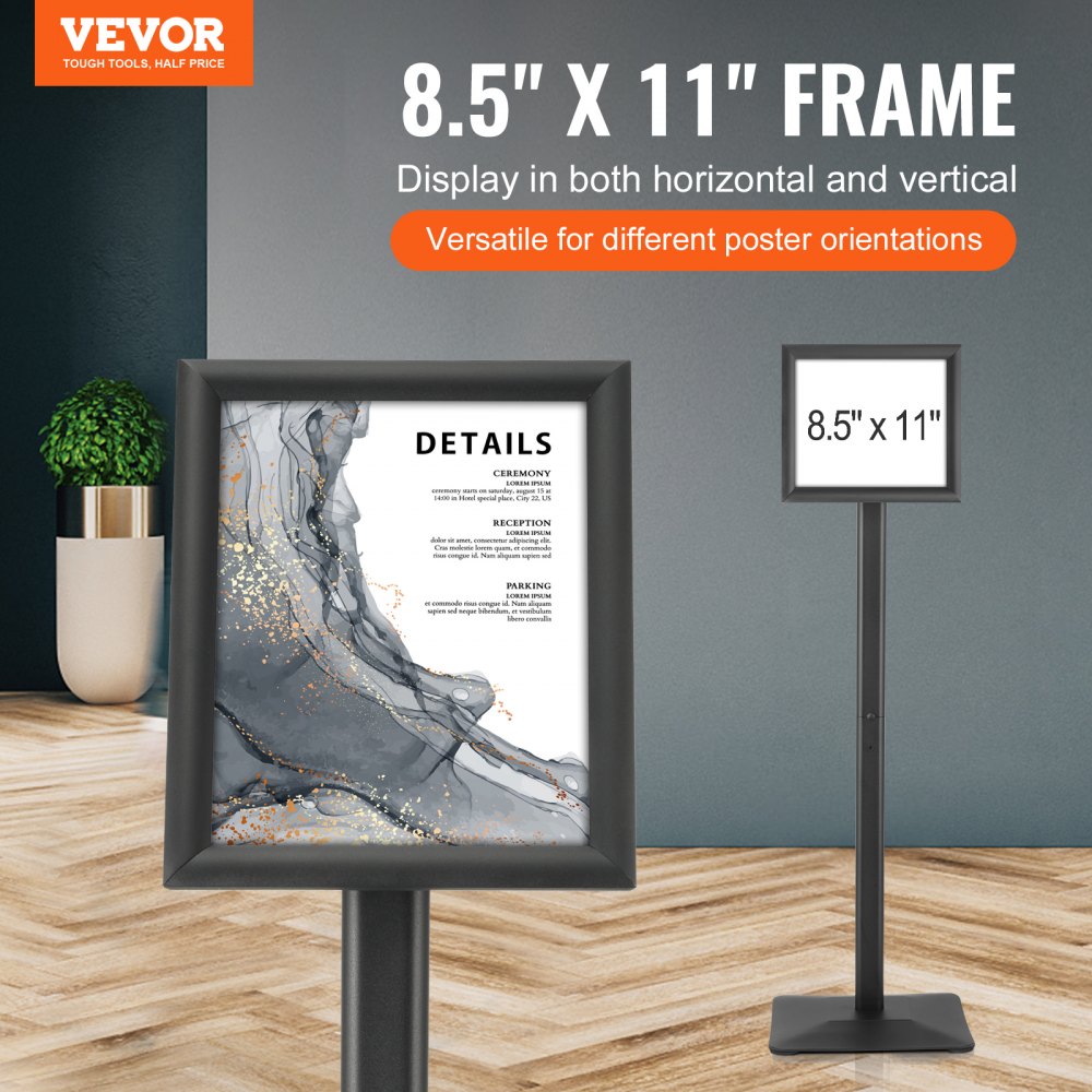 Pedestal Sign Holder, 8.5 x 11 Inch Vertical and Horizontal Adjustable Poster Stand, Heavy-Duty Floor Standing Sign Holder with Metal Base for Display, Advertisement, and Outdoor, Black