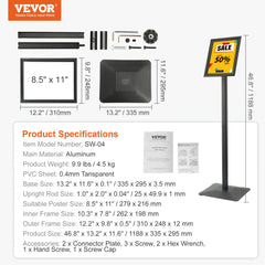 Pedestal Sign Holder, 8.5 x 11 Inch Vertical and Horizontal Adjustable Poster Stand, Heavy-Duty Floor Standing Sign Holder with Metal Base for Display, Advertisement, and Outdoor, Black