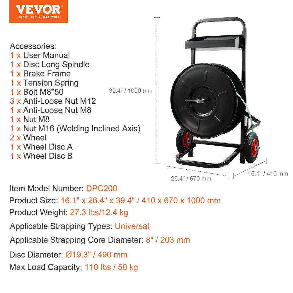 Strapping Dispenser Banding Cart for PET/PP Strapping Roll 8" Core Size