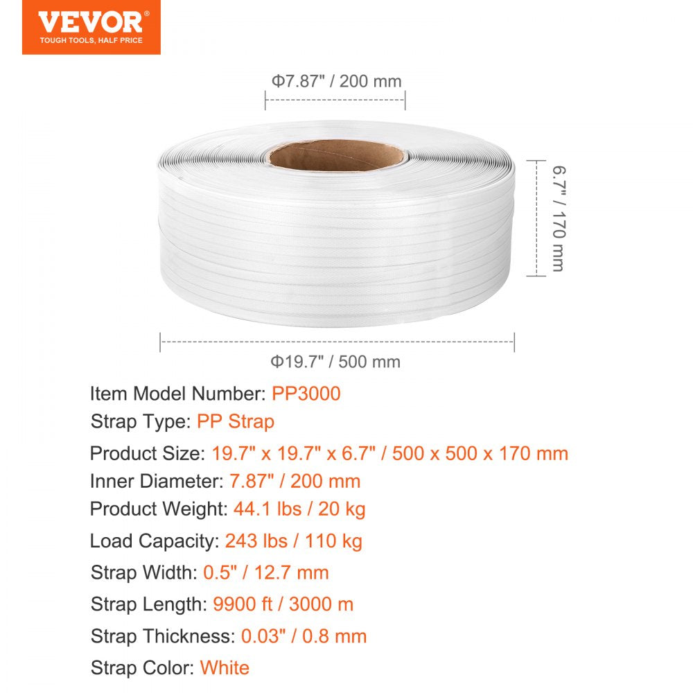 Packaging PP Strapping Roll 1/2" x 0.03" x 9900` Banding Strap 243lbs Load