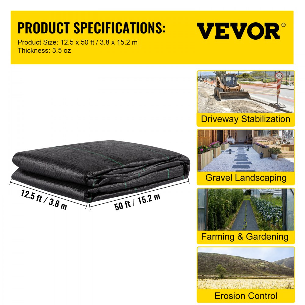 Geotextile Fabric, 12.5 x 50 ft 3.5oz Woven PP Driveway Drain Cloth w/ 600lbs Tensile Strength, Heavy Duty Underlayment for Soil Stabilization, Landscaping, Weed Barrier, 12.5FT50FT-3.5OZ, Black