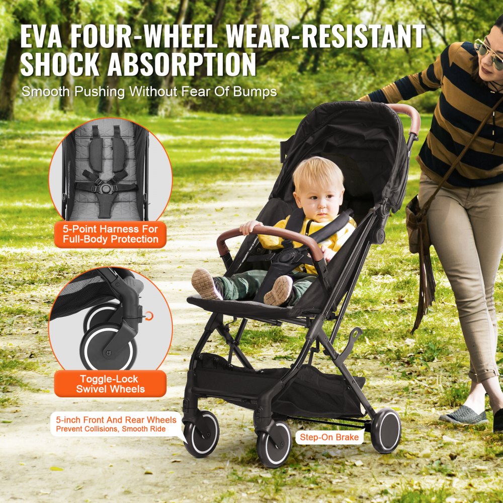 Standard Baby Infant Stroller, Toddler Stroller with 95°-150° Adjustable Backrest & & 0/90°Adjustable Footrest & One-click Folding, Newborn Stroller with Cup Holder and Carry Bag, Black