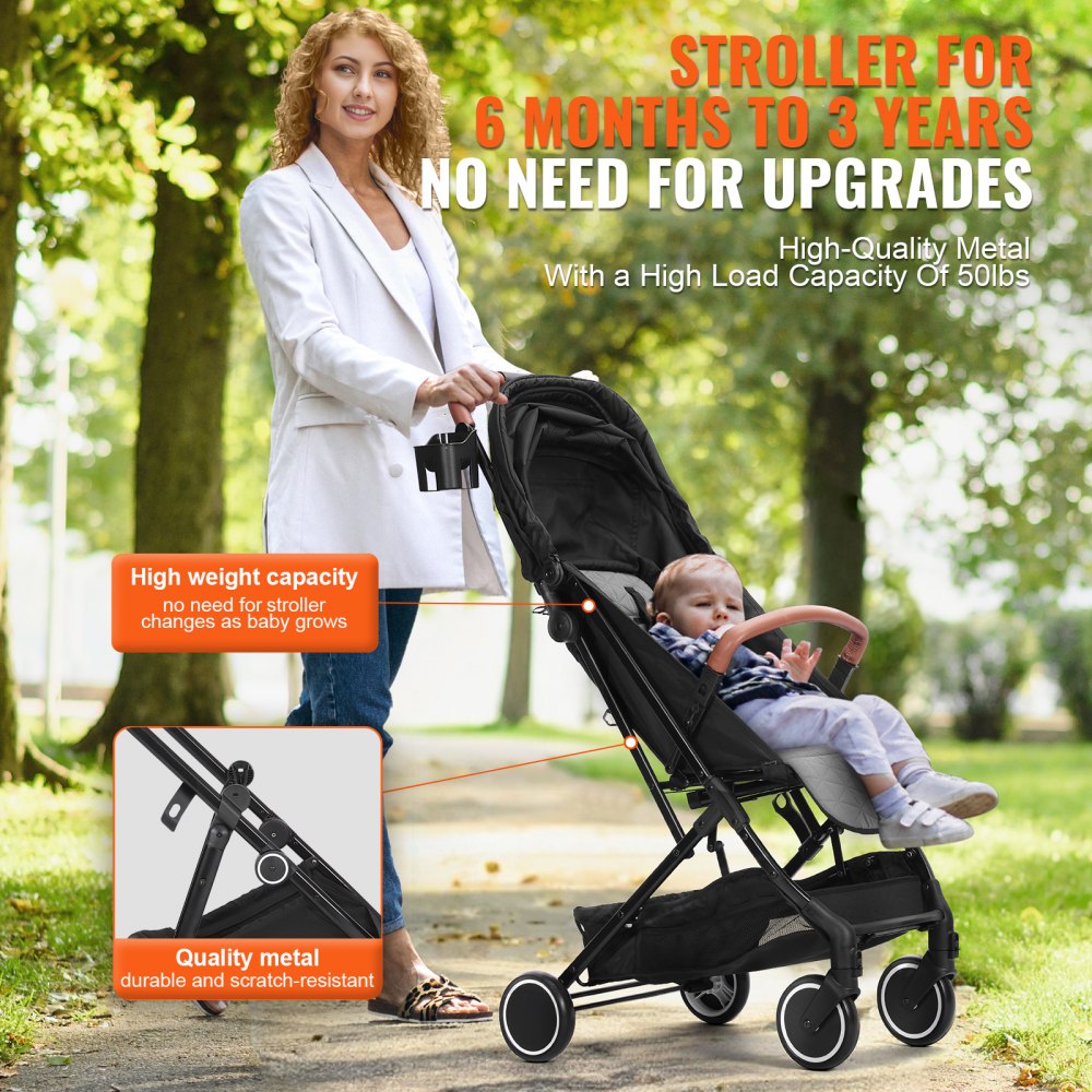 Standard Baby Infant Stroller, Toddler Stroller with 95°-150° Adjustable Backrest & & 0/90°Adjustable Footrest & One-click Folding, Newborn Stroller with Cup Holder and Carry Bag, Black