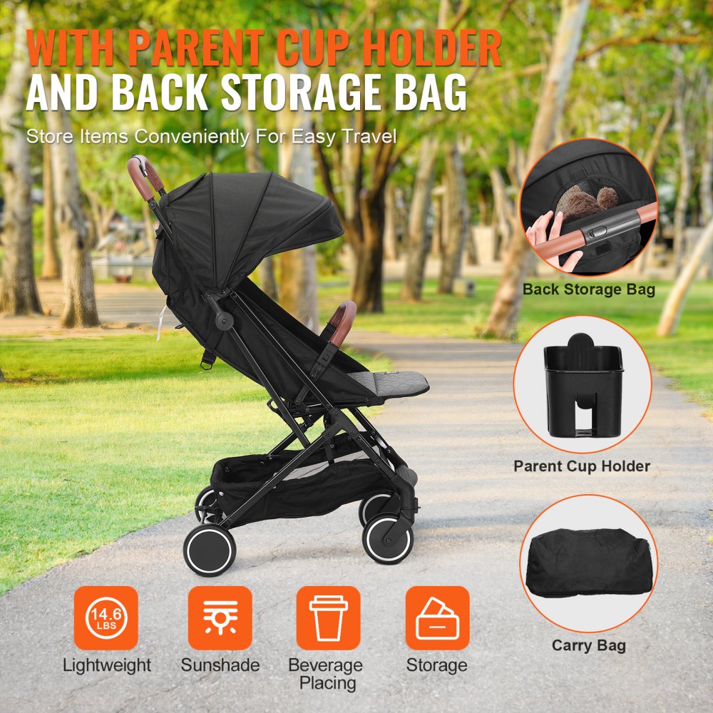 Standard Baby Infant Stroller, Toddler Stroller with 95°-150° Adjustable Backrest & & 0/90°Adjustable Footrest & One-click Folding, Newborn Stroller with Cup Holder and Carry Bag, Black