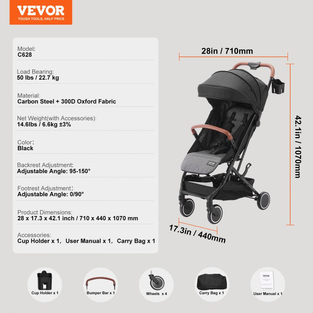 Standard Baby Infant Stroller, Toddler Stroller with 95°-150° Adjustable Backrest & & 0/90°Adjustable Footrest & One-click Folding, Newborn Stroller with Cup Holder and Carry Bag, Black