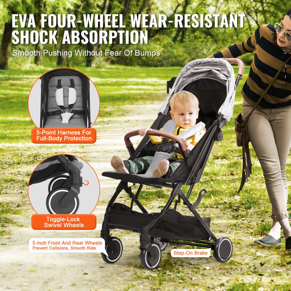 Standard Baby Infant Stroller, Toddler Stroller with 95°-150° Adjustable Backrest & & 0/90°Adjustable Footrest & One-click Folding, Newborn Stroller with Cup Holder and Carry Bag, Light Grey