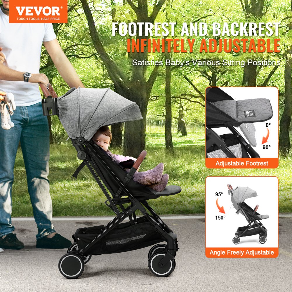Standard Baby Infant Stroller, Toddler Stroller with 95°-150° Adjustable Backrest & & 0/90°Adjustable Footrest & One-click Folding, Newborn Stroller with Cup Holder and Carry Bag, Dark Grey