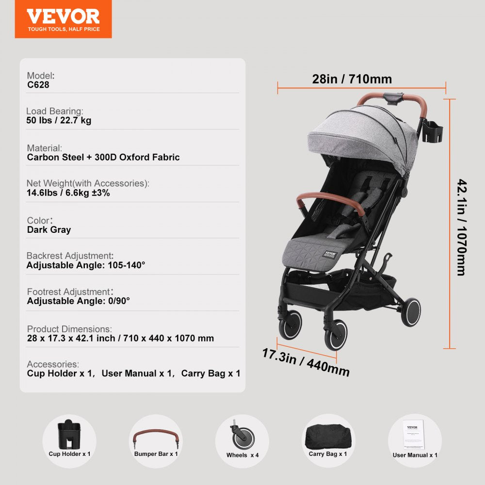 Standard Baby Infant Stroller, Toddler Stroller with 95°-150° Adjustable Backrest & & 0/90°Adjustable Footrest & One-click Folding, Newborn Stroller with Cup Holder and Carry Bag, Dark Grey