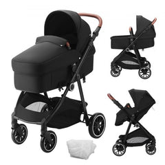 Standard Baby Stroller, Infant Toddler Stroller with Bassinet, 3rd-Gear Adjustable Backrest & Foldable & Reversible Seat, Carbon Steel Newborn Stroller with Leg Cover and Mesh Net, Black