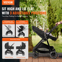 Standard Baby Stroller, Infant Toddler Stroller with Bassinet, 3rd-Gear Adjustable Backrest & Foldable & Reversible Seat, Carbon Steel Newborn Stroller with Leg Cover and Mesh Net, Black