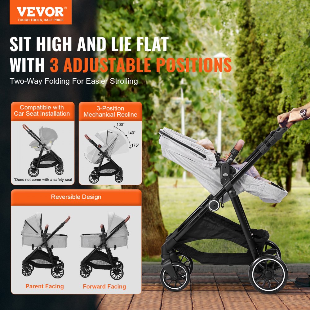 Standard Baby Stroller, Infant Toddler Stroller with Bassinet, 3rd-Gear Adjustable Backrest & Foldable & Reversible Seat, Carbon Steel Newborn Stroller with Leg Cover and Mesh Net, Light Grey