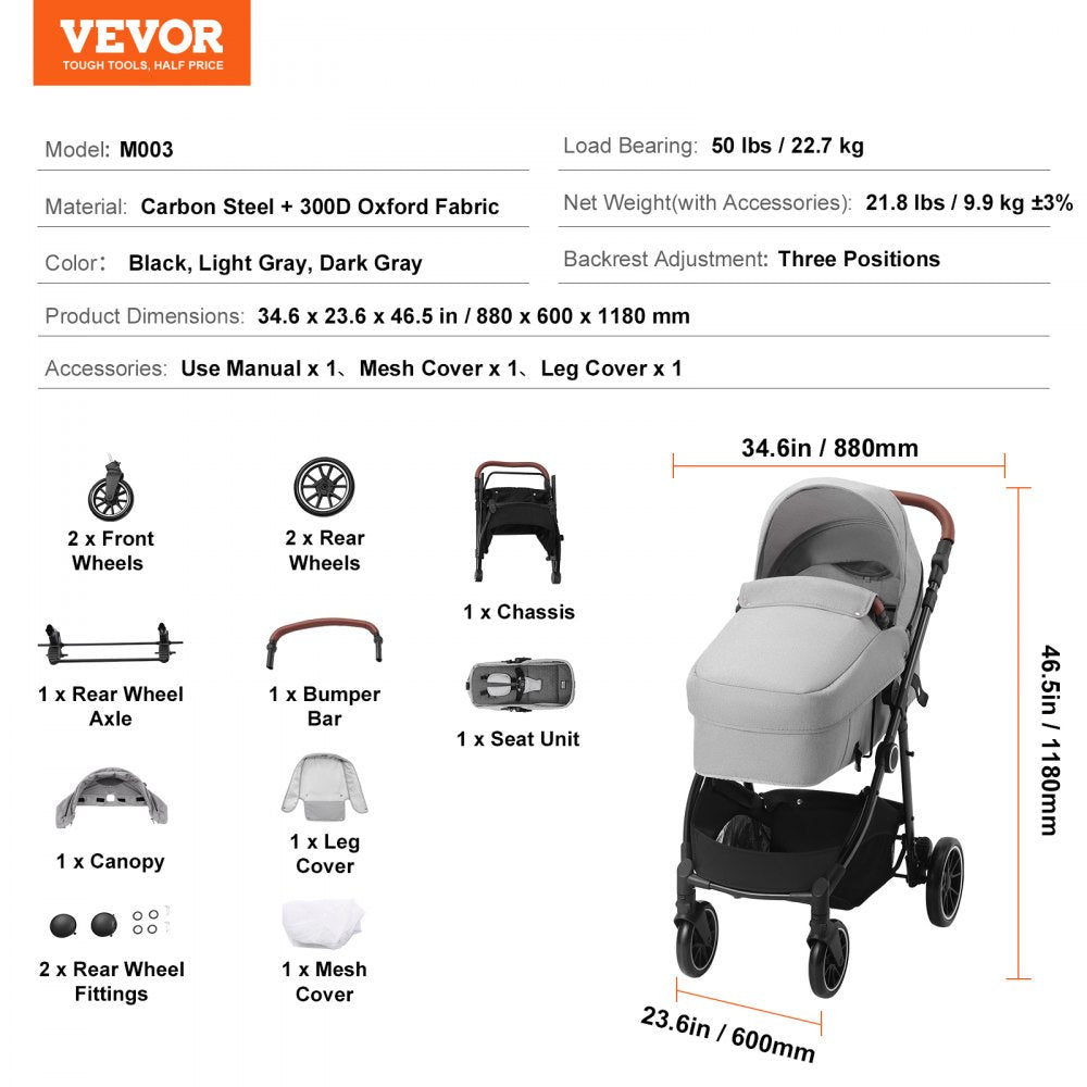 Standard Baby Stroller, Infant Toddler Stroller with Bassinet, 3rd-Gear Adjustable Backrest & Foldable & Reversible Seat, Carbon Steel Newborn Stroller with Leg Cover and Mesh Net, Light Grey