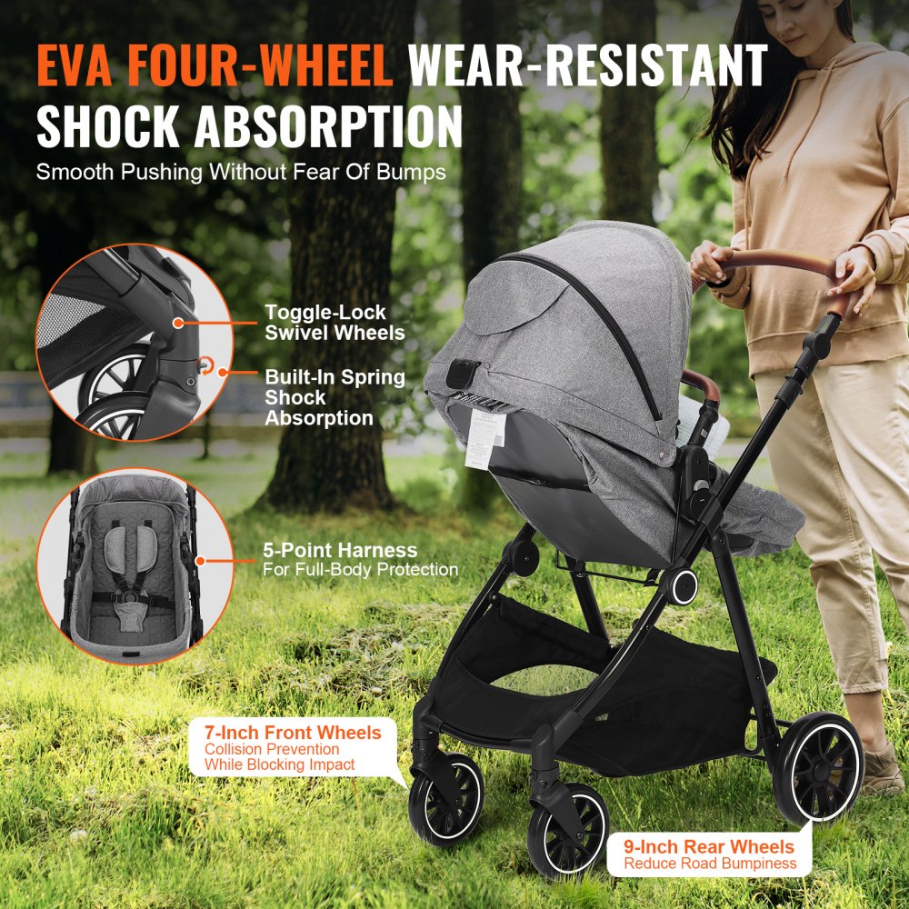 Standard Baby Stroller, Infant Toddler Stroller with Bassinet, 3rd-Gear Adjustable Backrest & Foldable & Reversible Seat, Carbon Steel Newborn Stroller with Leg Cover and Mesh Net, Dark Grey