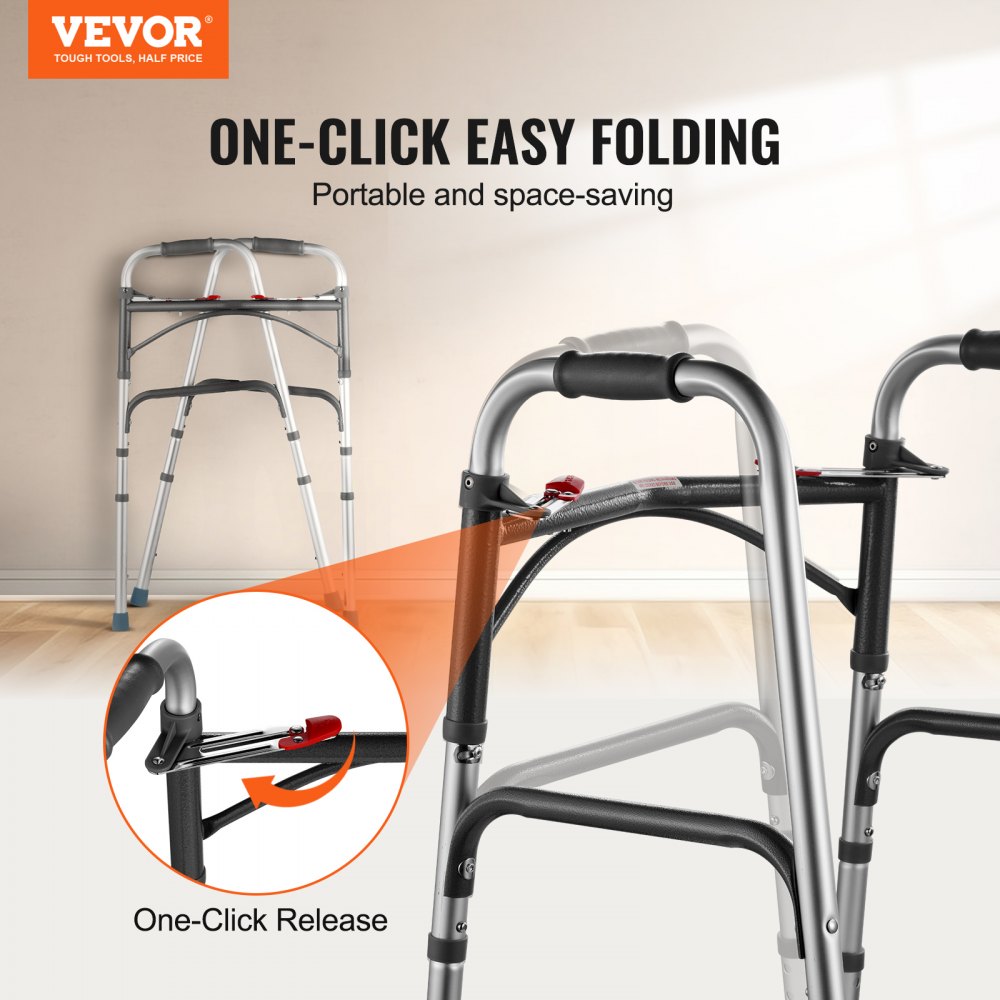 Folding Walker Aluminum Mobility Walker Aid with Adjustable Height 350LBS