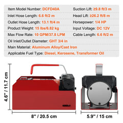 Diesel Fuel Transfer Pump Kit,10 GPM 12V DC Portable Electric Self-Priming Fuel Transfer Extractor Pump Kit with Automatic Shut-off Nozzle Hose for Diesel, Kerosene, Machine, Transformer Oil