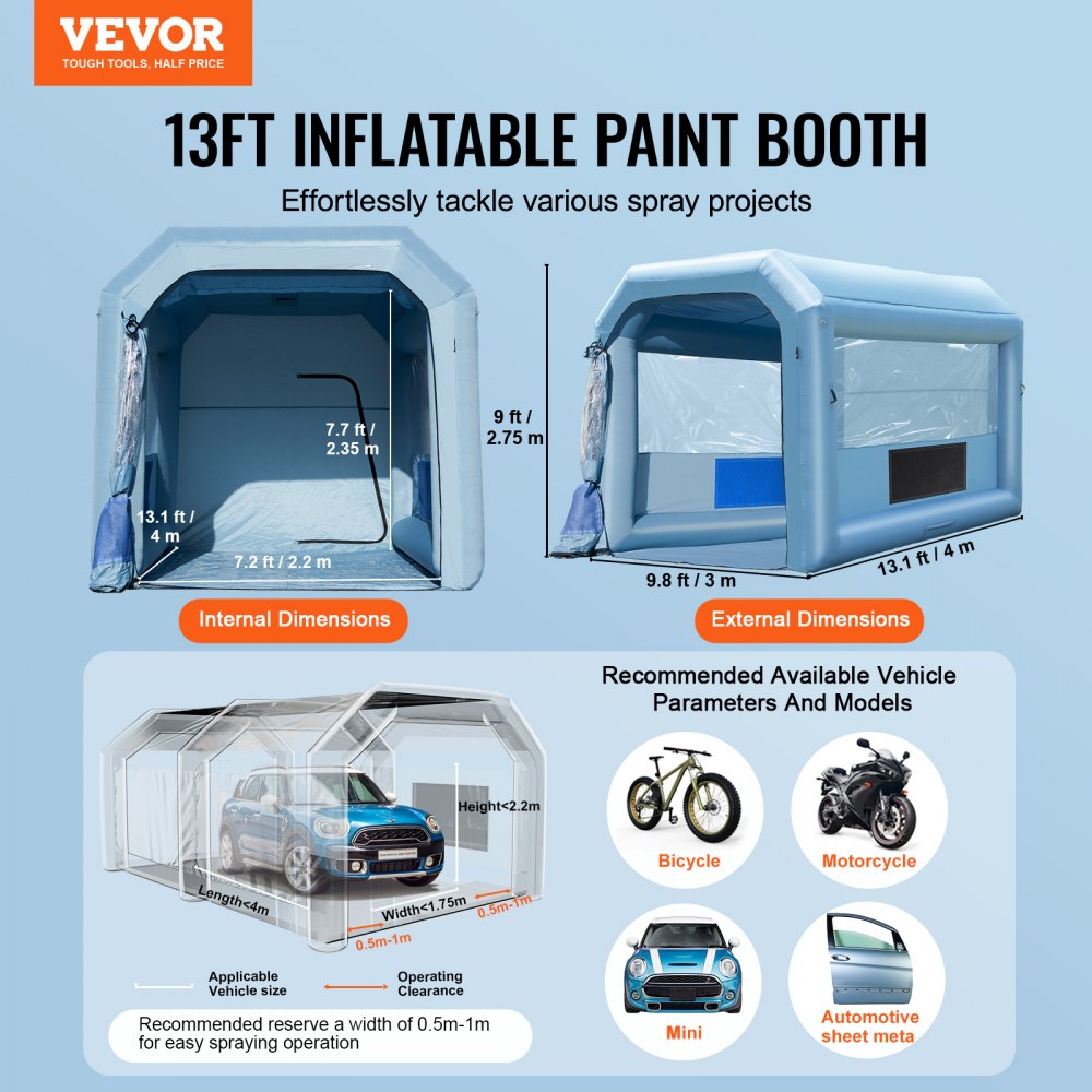 Inflatable Paint Booth, 13.1 x 9.8 x 9 ft Inflatable Spray Booth, with 750W Powerful Blower and Air Filter System, Portable Car Paint Booth for Motorcycle, Bicycle, Auto Part Painting