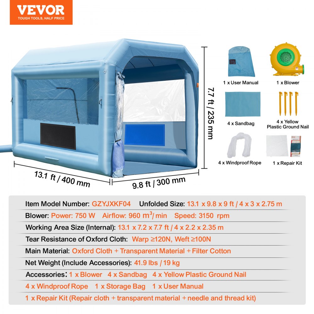 Inflatable Paint Booth, 13.1 x 9.8 x 9 ft Inflatable Spray Booth, with 750W Powerful Blower and Air Filter System, Portable Car Paint Booth for Motorcycle, Bicycle, Auto Part Painting