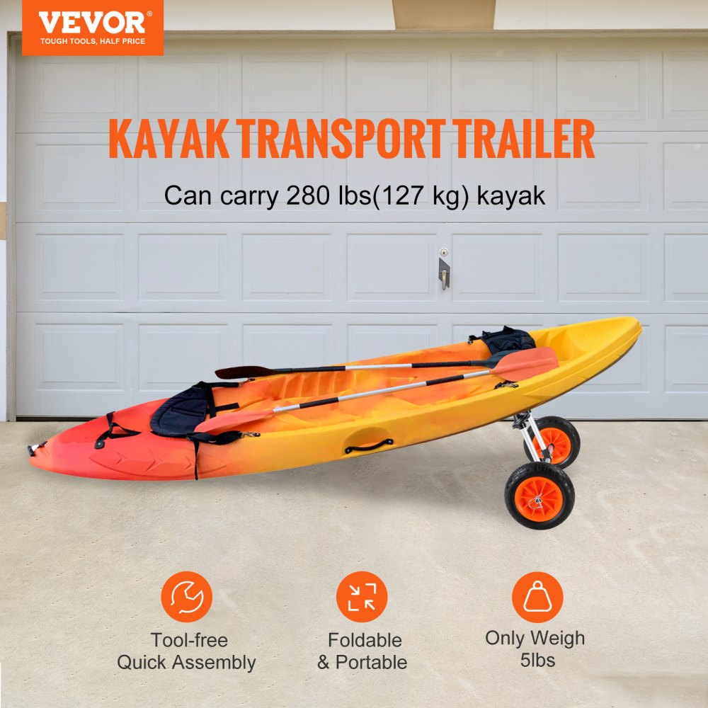 Heavy Duty Kayak Cart, 280lbs Load Capacity, Detachable Canoe Trolley Cart with 10`` Solid Tires, Adjustable Width & Top Foam Protection, for Kayaks with Drain Holes of 2.54cm and Above