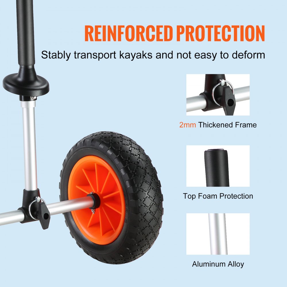 Heavy Duty Kayak Cart, 280lbs Load Capacity, Detachable Canoe Trolley Cart with 10`` Solid Tires, Adjustable Width & Top Foam Protection, for Kayaks with Drain Holes of 2.54cm and Above
