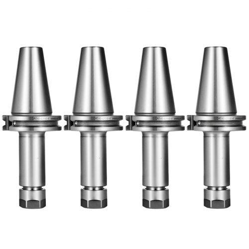 Four silver CAT40 ER16 collet chucks with 100mm length and hex nuts.